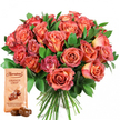 This radiant Golders Green-inspired gift ensemble is a true feast for the senses, set against a flawless white background that accentuates every nuance. The prominent bouquet, composed of around two dozen meticulously selected open roses, dazzles with hues that cascade from rich coral and burnt peach at their hearts to creamy yellow highlights and bold, rosy-pink tips on the outer petals, each bloom revealing its own unique bi-colour story. Flecks of yellow and soft cream give the bouquet a gentle glow, reminiscent of early morning light streaming through nearby Hampstead Garden Suburb. Dotted with lush, verdant leaves-eucalyptus and salal lending their textured, olive greens-this arrangement is as aromatic as it is visually lush, hand-tied in the time-honoured tradition of Flowers Golders Green. In the lower left foreground, a pouch of Thorntons Orange Crisp chocolates nestles invitingly, its stylish beige packaging featuring mouthwatering visuals and promises of tangy orange truffle with crisp wafer in milk chocolate. In front, two individual chocolates glisten with glossy shells, hinting at the sweet burst within. The whole composition suggests a celebration-of romance, of gratitude, or simply of life's loveliest moments-perfect for gifting across the Golders Green area, from Temple Fortune to Childs Hill, or as a standout centrepiece for any joyful gathering.