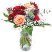 This bouquet captures the soul of a Golders Green morning-warm, welcoming, and unforgettable. At its centre, three apricot-hued roses bloom with a buttery softness, their petals curling open to reveal a quiet romance. Encircling them are lush burgundy chrysanthemums, their ruffled layers adding a plush, tactile depth that invites touch. Scattered among the blooms, baby's breath creates a gentle halo, its cloudlike clusters of tiny white petals offering lightness and hope. Green leaves gleam beneath the surface, interwoven with sprigs of eucalyptus whose subtle, invigorating aroma hints at garden strolls near Golders Hill Park. The arrangement rests in a classic glass vase, the tangled stems visible and natural, embodying freshness and authenticity. Crafted by Golders Green florists for occasions ranging from birthdays to tender apologies, this bouquet brings thoughtful elegance and local artistry into any home-perfect for same-day delivery across NW11 and North London.