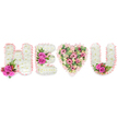 A tender, hand-crafted floral tribute spells out the message H E (heart) U in crisp, artisan detail against a pristine white backdrop. Each capital letter - H, E and U - is formed from a dense bed of pure white chrysanthemums, their soft, pillowy heads packed tightly to create satin-smooth planes of colour. Each letter is edged with a ruffled blush-pink satin ribbon that catches the soft studio light and gives a delicate, tactile frame to the shapes. Small clusters of vivid fuchsia roses punctuate the composition: two roses nestle at the base of the left stroke of the H, a trio brightens the central bar of the E, and a pair sits inside the lower curve of the U, their deep petals set off by tiny dark red berries and slender, fern-like foliage that add contrast and structure.
Between the letters sits a generously filled heart-shaped spray, a softer palette where pale pink carnations and cream-tinged lisianthus blend with small blush roses and handfuls of silvery-green eucalyptus leaves. The heart's texture is more layered and romantic, its scent a gentle mingling of rose and sweet carnation while the eucalyptus lends a fresh, green lift. The overall impression is one of quiet devotion - suitable as a memorial tribute or an intimate celebration of life - crafted with steady hands and floral expertise familiar to Golders Green families. Seen in the morning light it feels peaceful and reverent, a bespoke expression of love that would sit respectfully at a service near Golders Hill Park or beside a remembrance at the local crematorium.